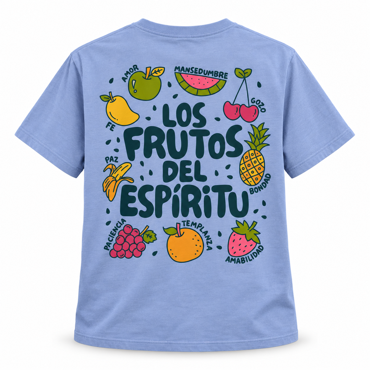 Frutos del Espíritu, camiseta azul lavanda, vista trasera
